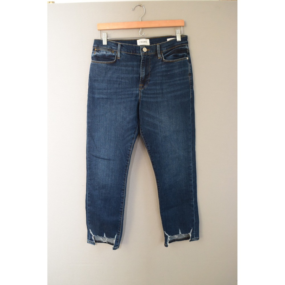 FRAME Le High Straight Jeans 30 Roswell Chew Blue Raw Hem Womens LHST779 Denim